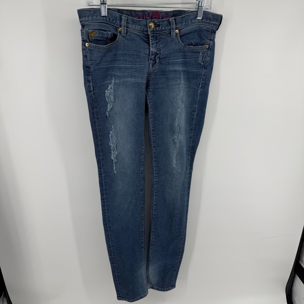 Y2K Low Rise 2b Bebe Skinny Kitty Jeans Womens 29 Blue Distressed Rhinestone USA